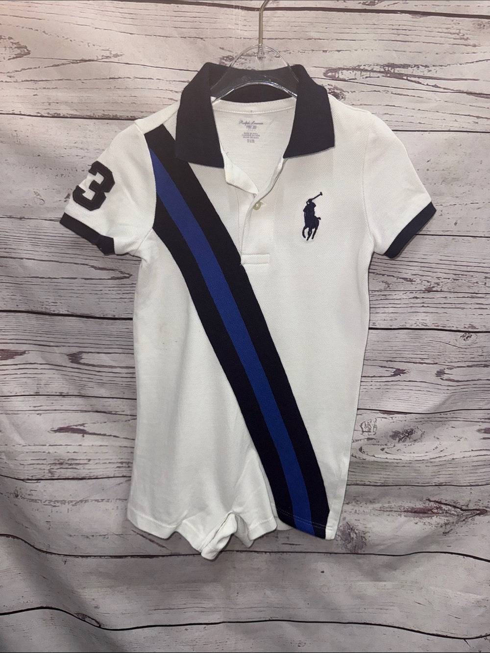 Ralph Lauren White Polo Romper with Navy & Royal Blue Stripes Size 18 Months